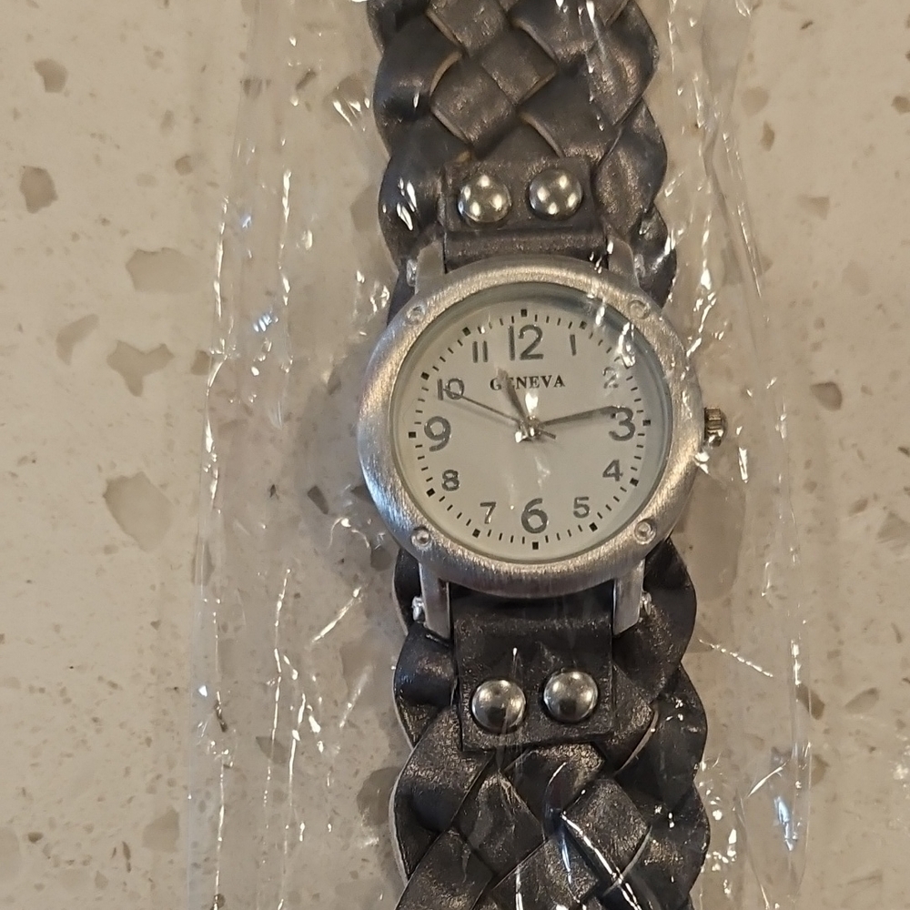 Geneva Silver Watch with Black Braided Strap